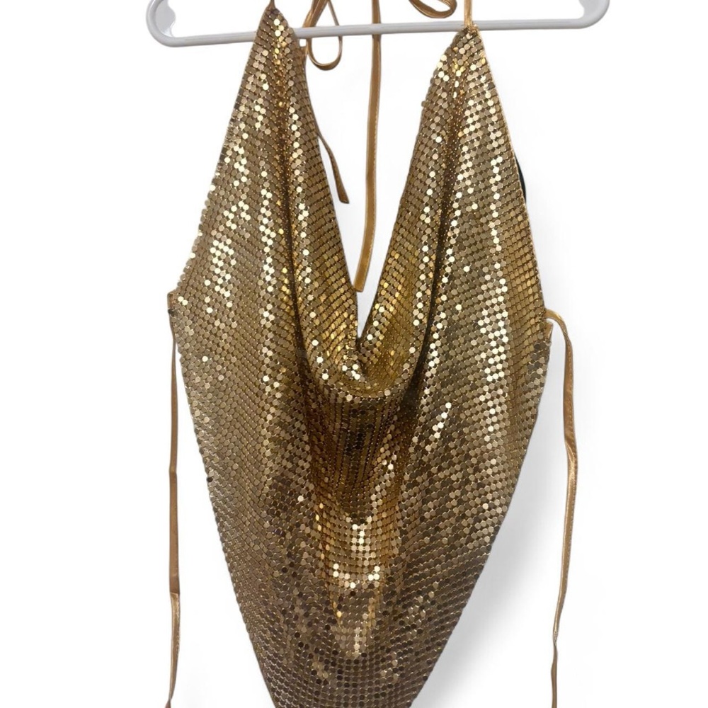 Da Veamor Gold Metal Mesh Halter Top
